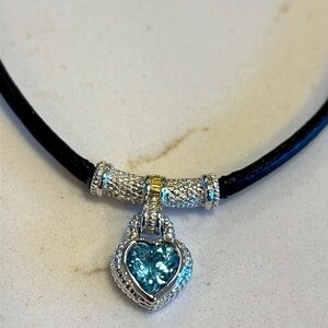 Judith Ripka leather cord necklace. Sterling silver, 18k gold, blue topaz